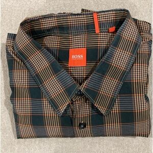 Hugo Boss Mens Buttoned Down Straight Collar Check Print Slim Fit